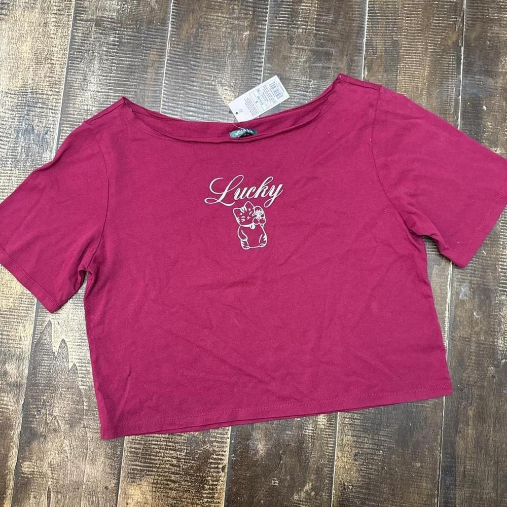 Wild Fable Vintage Graphic off the shoulder Crop Top T-Shirt. "lucky"